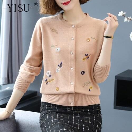 YISU Women Knitted Sweater Cardigan Autumn Winter O-Neck Long Sleeve Coat Female fashion embroidery Cardigan Sweater Women
