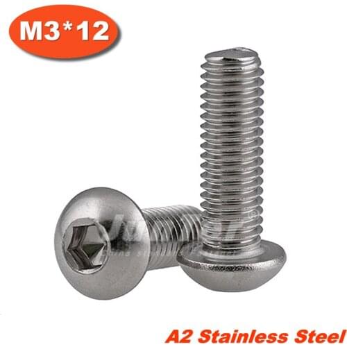 100pcs/lot ISO7380 M3*12 Stainless Steel A2 Hexagon Socket Button Head Screws