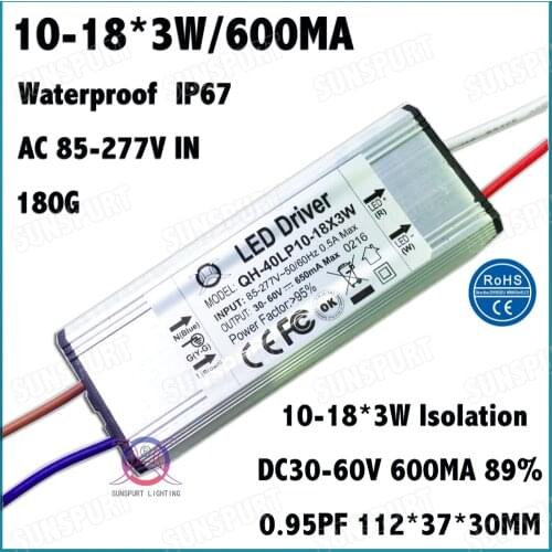 3 PCS CC Isolation 36W AC85-277V LED Driver 10-18x3W 600mA DC30-60V High PFC IP67 LED Power Supply For Spotlights Free Shipping