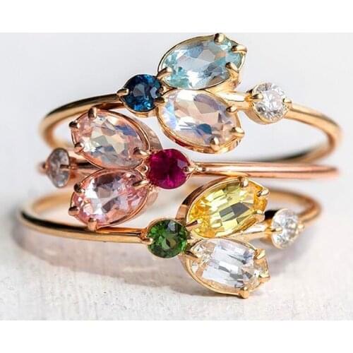 3 Pcs/Set Female Rings Classic Colored Crystal Oval Geometric Gold Ring Set Lady Romantic Temperament Engagement Party Jewelry