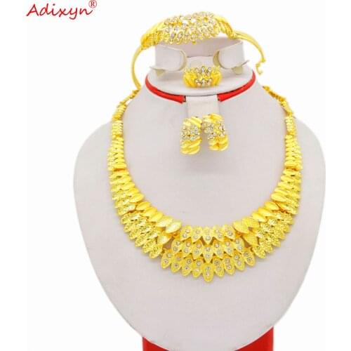 Adixyn Dubai Bracelet Necklace Earrings Ring set for women 24K gold plated Bridal wedding Jewelry gifts N06204