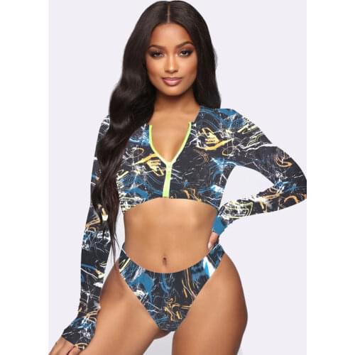 African Print Style Bikini Long Sleeves Swimwear Swim Surfing Zipper Swimming Costumes for Women Two Piece Swimsuit Bathing Suit