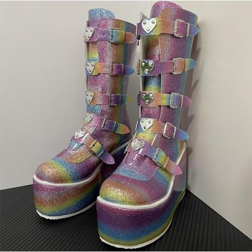 Brand Design Big Size 43 Hyun-chae Gothic Style Cool Punk Fashion Boots Female Platform Wedges High Heels Calf Boots Women Shoes