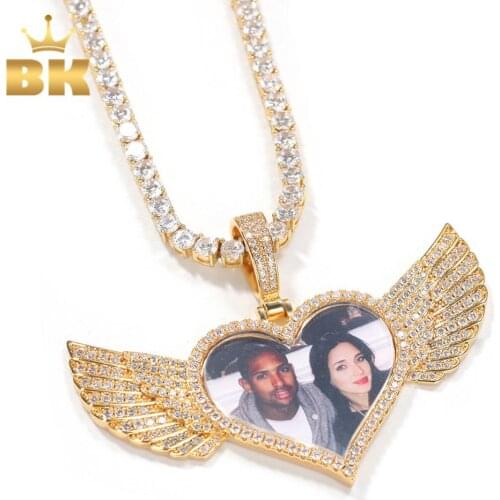 The Bling King DIY Photoes Necklace Heart Shape With Wing Fashion Jewelry For Couple Gift Gold Tennis Chain Valentines Day