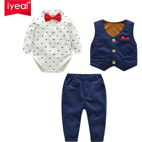 IYEAL Baby Boy Clothes 3 Pieces Suits Vest + Tie Rompers + Pants Fashion Gentleman Kids Newborn Formal Party Clothing Sets 0-24M