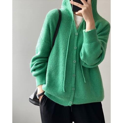 2021 spring new sweater cardigan womens jacket loose lazy style v-neck hooded long-sleeved top