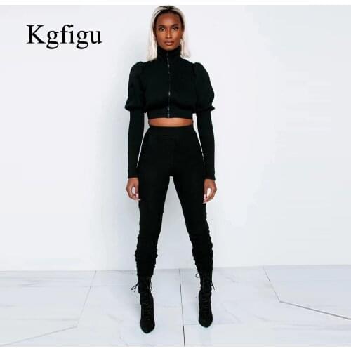 KGFIGU 2021 New Arrival Long Sleeveless Front Zipper Ribbed Streetwear Women Fitness Outfits Two Piece Set