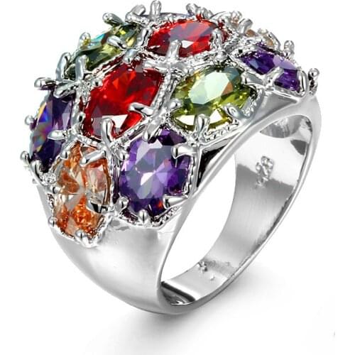 2021 NEW Colorful Zircon Square Ring Element Austrian Crystal Women Plata Color Rings Jewelry Anel Feminino Gift Bags Drop Ship