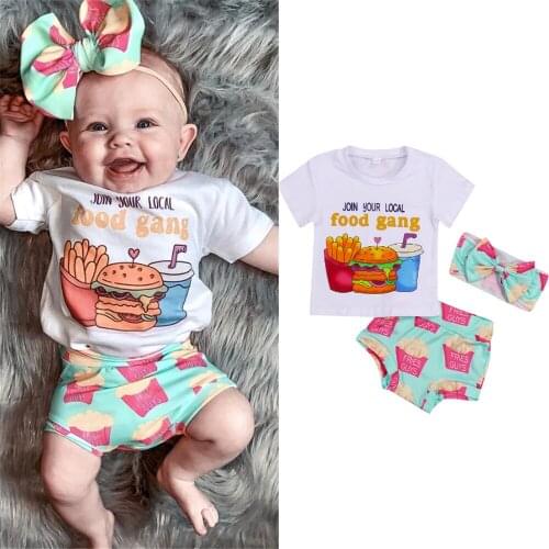 Infant Baby Girl Summer Clothes Set Fries Printed Top Shorts Headband 3pcs Baby Clothes Toddler Girl Outfits Set 0-24M