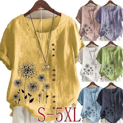 Summer Womens New Fashion Round Collar Short Sleeve T-Shirt Casual Dandelion Printed Linen Shirt Loose Ladies Blouse Tops