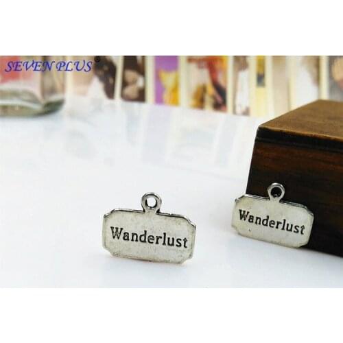 M0025 High Quality 20 Pieces/Lot 13mm*18mm Letter Printed Wanderlust Antique Silver Plated Metal Charm For Jewelry Making