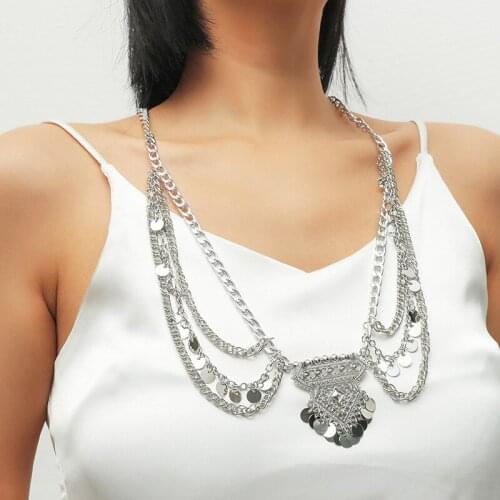 Fashion Exaggerated Big Silver Color Chain Necklace Collarbone Geometry Alloy Pendant for Women Party Jewelry
