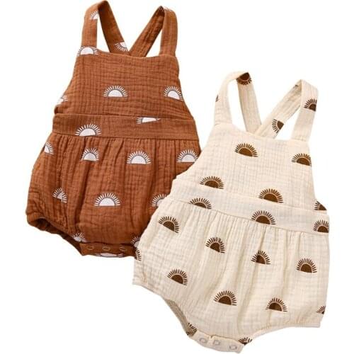 Fashion Baby’s Sunsuit Suspender Jumpsuits Newborn Boys Girls Sun Printed Button Backless Triangle Bodysuit Girls Clothing