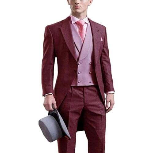 VEIAI Gentleman Men’s Suit Classic Design Long Tail Suit Slim Fit Peak Lapel Blazer Groom costume homme Dress (Jacket+Vest+Pants