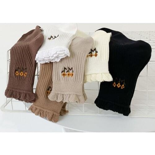 Ruffle socks with floral embroidery, Harajuku, candy color, cute, cotton socks, Korean version, for women Spring and summer