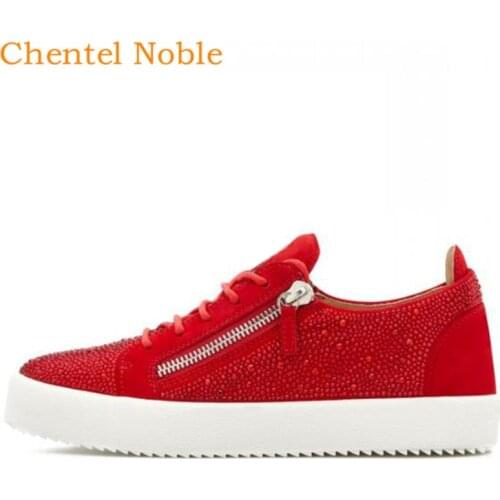 Newest Chentel Full Crystal Casual Shoes Party Shoes Men High Quality Flats Bottom Sneakers Outside Shoes Red Color Big Size