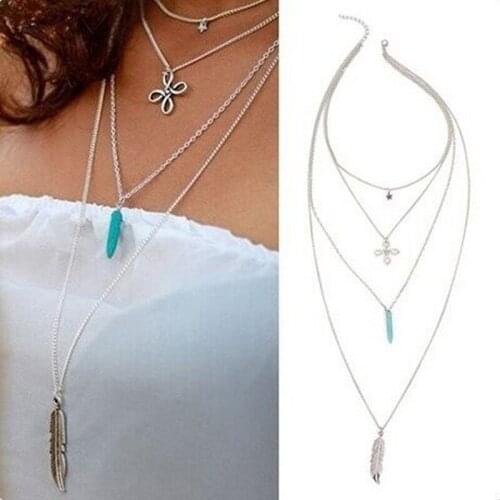 New jewelry Multilayer Crystal Leaf Long Pendant Necklaces jewelry 4 Layers Chain Necklace for women