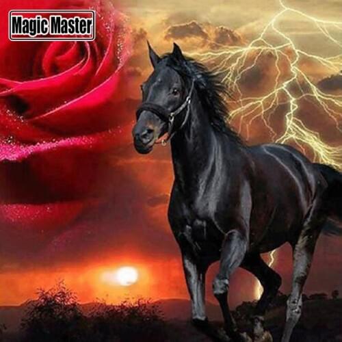 Full 5D Diy Daimond Painting Black Horse Diamond Painting Mosaic Round Rhinestones Diamant Painting Embroidery Animal wall Decor