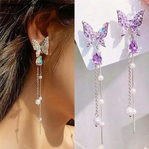 Luxury Purple Butterfly Long Stud Earrings Shiny Crystal Tassel Dangle Earrings For Women Waterdrop Party Jewelry