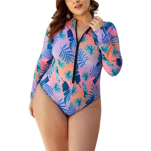Sexy Women’s Printed One-piece Swimsuit High Collar Zipper Front Long Sleeve Sun-Proof Swimsuit Biquinis Feminino 2021 Beachwear