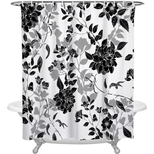 Black And White Flowers Bathroom Shower Curtain Polyester Fabric Waterproof Shower Curtains with Hooks