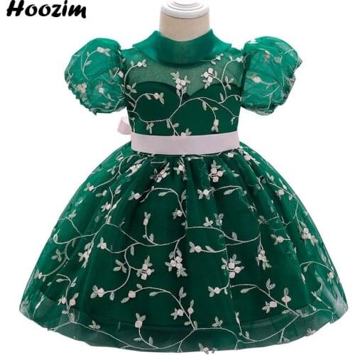 Green Princess Puff Sleeve Embroidery Birthday Party and Baptism Dress Girls 18M To 6 Years Formal Backless Wedding Dresses Kids