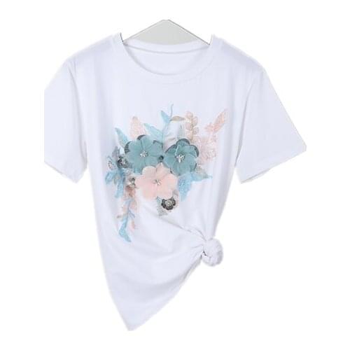 Woman clothes Summer 2020 dimensional Flower Short-Sleeved T-shirt Solid Embroidered Casual Womens tShirt harajuku shirt 07E