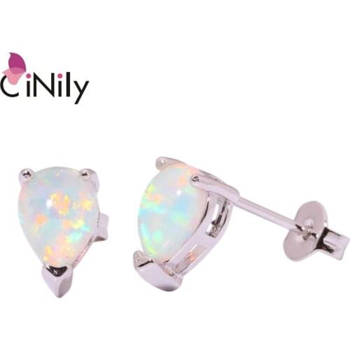 CiNily Created White Fire Opal Silver Plated Wholesale Water Drop for Women Jewelry Wedding Party Stud Earrings 9mm OH2491