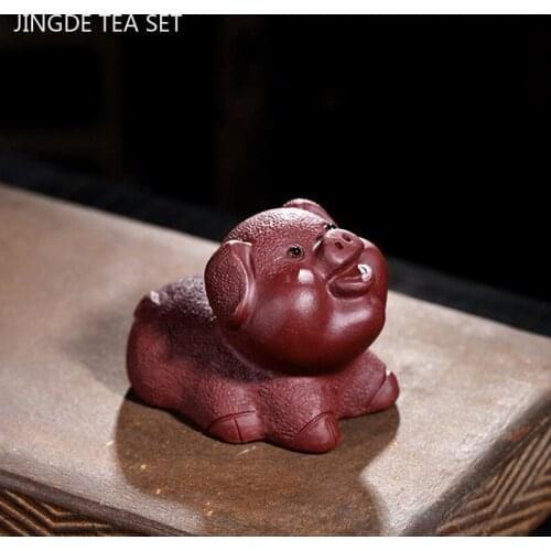 1PCS Yixing Purple Clay Tea Pet Ornaments Cute Piggy Statue Handmade Animal Tea Figurine Crafts Boutique Tea Set Decoration