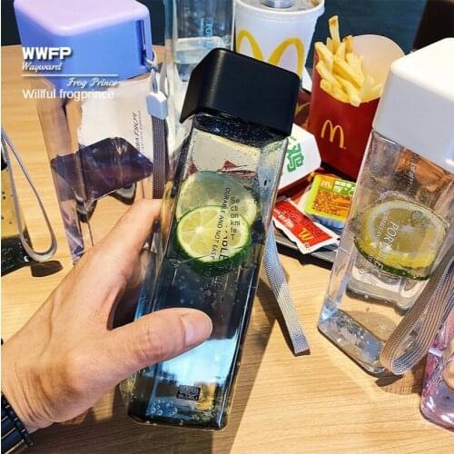2021 Square Simple Plastic Personality Cup Transparent Leak-proof with Lid Creative Small Fresh Portable Drop Resistant Cup