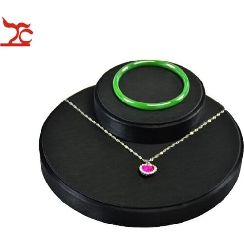 Fine Black Faux PU Jewelry Display Rack Wooden Bracelet Bangle Jade Holder Showcase Fashion Round Necklace Exhibition Stand Tray