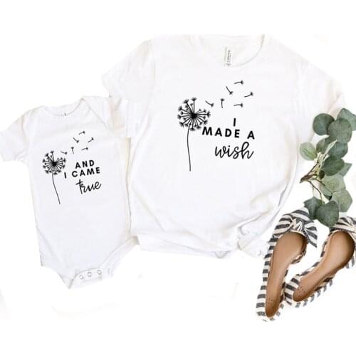 Family Look T Shirt Funny Baby Mother and Daughter Family Matching Clothing i Made a Wish Baby Mom Matching Clothes Dandelion