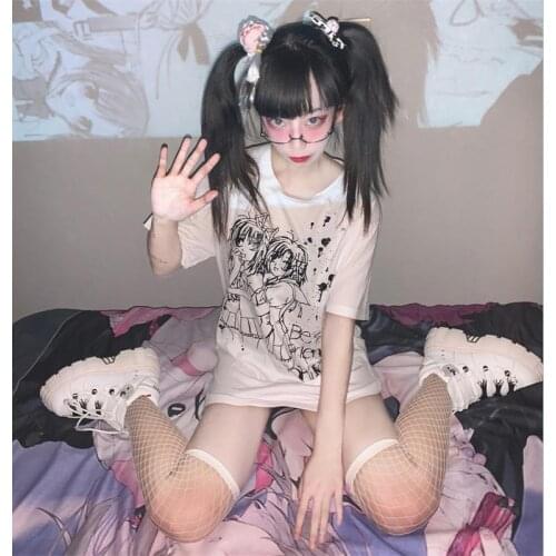 Anime tshirt girls Print O-Neck Tees goth Loose summer T-Shirts Women Harajuku Short sleeve Oversize top HipHop Streetwear y2k