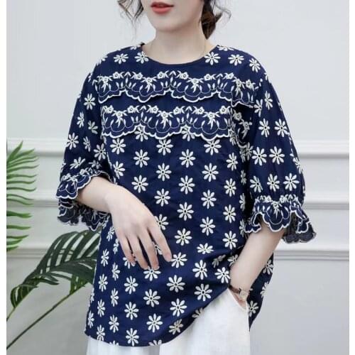 Lamtrip Retro Sunflowers Surface Embroidery Cotton Doll Shirt 2021 Summer