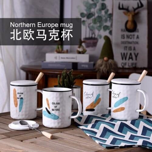 Nordic Creative Mugs Ceramic Milk Coffee Cup with Lid with Spoon Household Water Cup