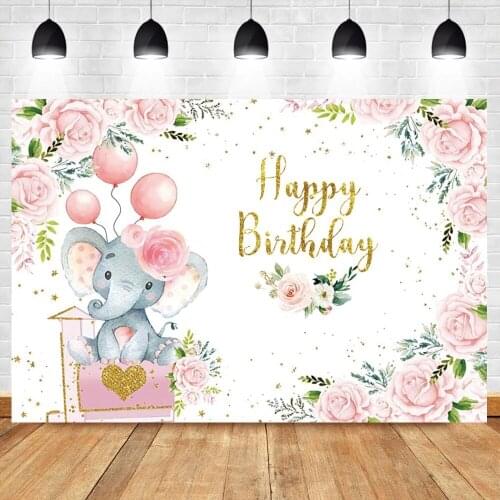 Laeacco Pink Elephant Happy Birthday Background For Photography Flower Gold Glitters Customized Poster Photocall Backdrop Banner