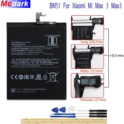 Mcdark 5400-5500mAh BM51 Battery For Xiaomi Mi Max 3 Max 3 Batterie Bateria Accumulator AKKU ACCU PIL Mobile Phone +Tools