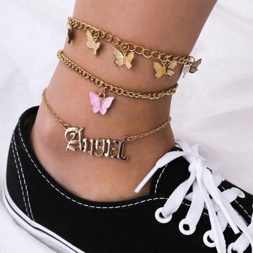 Fashion Butterfly Anklet Set for Women Gold Color Chain Anklet Letter Foot Leg Chain Bracelet Beach Anklet Bohemian Jewelry
