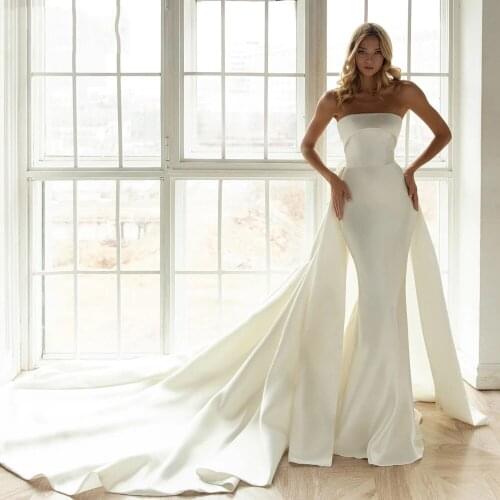 Princess 2 In 1 Strapless Satin Mermaid Wedding Dress Plus Size Romantic YIWUMENSA Boho Bridal Gowns With Detachable Train 2021
