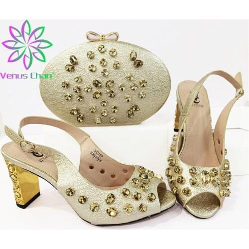 African Hot Selling Italian Design Nigerian Newest Fashion Classic 2021 Style Elegant Ladies Shoes and Bag Set in Golden Color