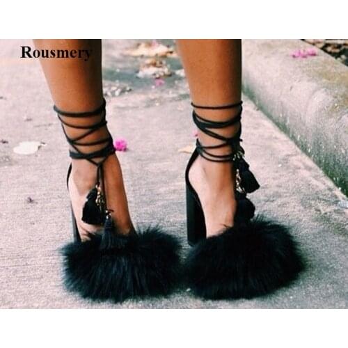Women New Design Lace-up Black Leather Fur Design Thick Heel Sandals Tassels Design High Heel Sandals Formal Dress Shoes