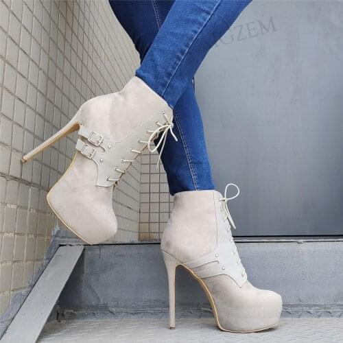 DOHBANER Women Ankle Boots Patchwork Platform Lace Up Stiletto High Heels Booties Botas Ladies Shoes Woman Plus Size 43 44 46 52