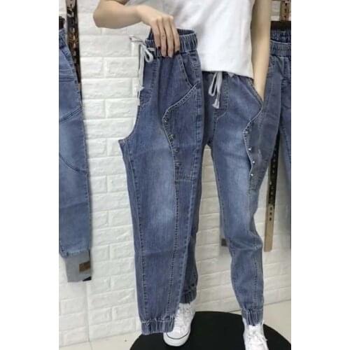 Woman Jeans Pants Elastic Waist Ankle-Tied Jeans Womens Loose Casual Pants Womens Ninth Skinny Pants Pantalones Vaqueros Mujer