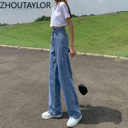 ZHOUTAYLOR Women Jeans High Waisted Button Zippers Full Length Loose Casual Trousers Femme Autumn New Femme Wide Leg Pants