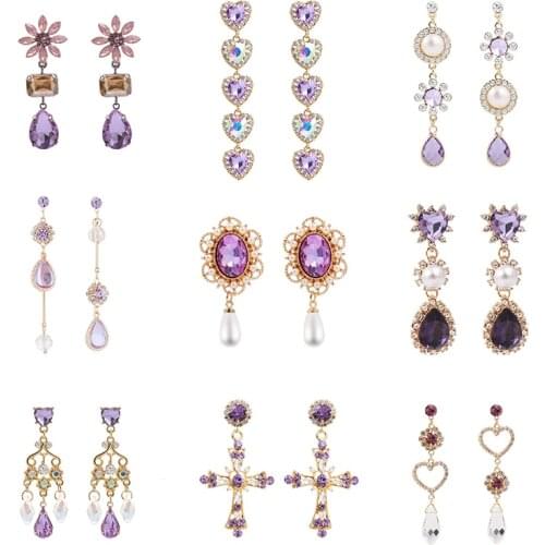Korean Purple Rhinestone Love Heart Flower Dangle Earrings Long Water Drop Crystal Jewelry Pendientes For Women Fashion Brincos