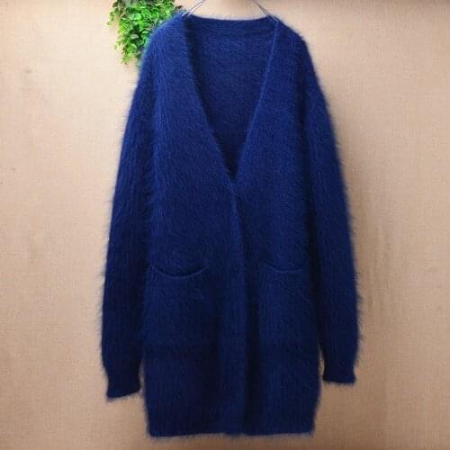 1KG heavy thick female women fashion blue mink cashmere knitted long sleeve v-neck loose cardigan angora fur sweater jacket coat