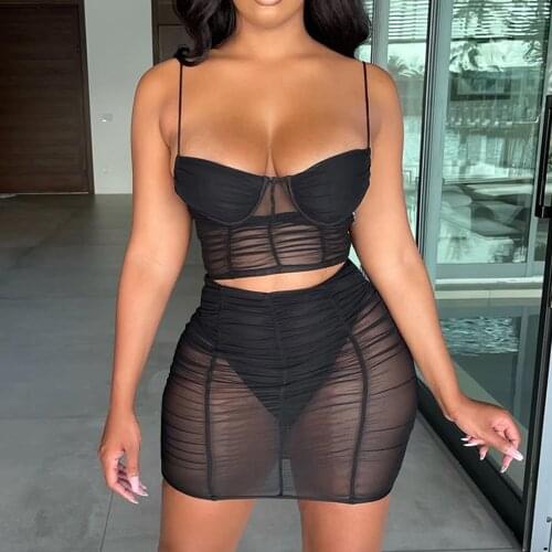 Women 2Pcs Summer See Through Outfits Ruched Mesh Sleeveless Crop Cami Tops + Mini Skirt Solid Color Set