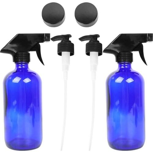 1 Set of Glass Spray Bottle Reusable Subpackaging Bottle Refillble Bottle Cosmetics Container Blue (2Pcs 500ml Bottles, 2Pc Pres