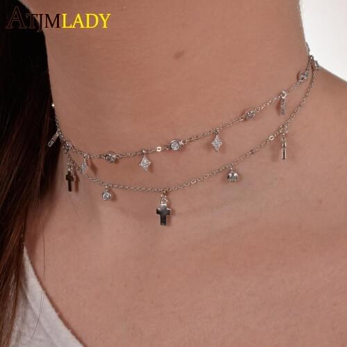 2020 DeSiGnS Cubic Zirconia CryStal Gold White RoSe Gold Silver Color DanGle Star Cz Drop Choker NecklaceS Jewellery For Women