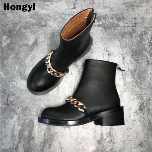 Basic Black Leather Ankle Boots Women Autumn Winter Martin Shoes Woman Low Heeled Chains Motorcycle Boots With Zipper